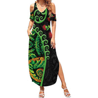 New Zealand Koru Plants and Pohutukawa Family Matching Summer Maxi Dress and Hawaiian Shirt Maori Tattoo Pattern LT03 Mom's Dress Black - Polynesian Pride