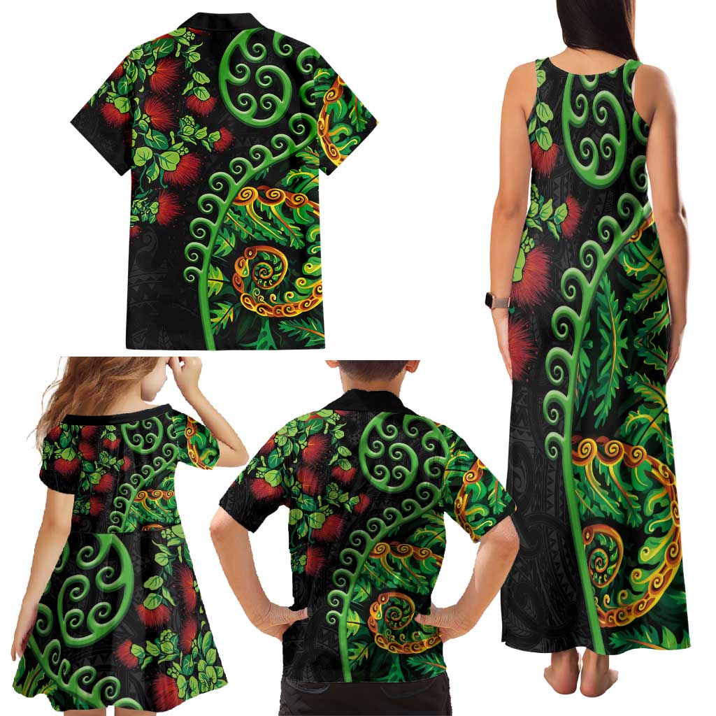 New Zealand Koru Plants and Pohutukawa Family Matching Tank Maxi Dress and Hawaiian Shirt Maori Tattoo Pattern LT03 - Polynesian Pride