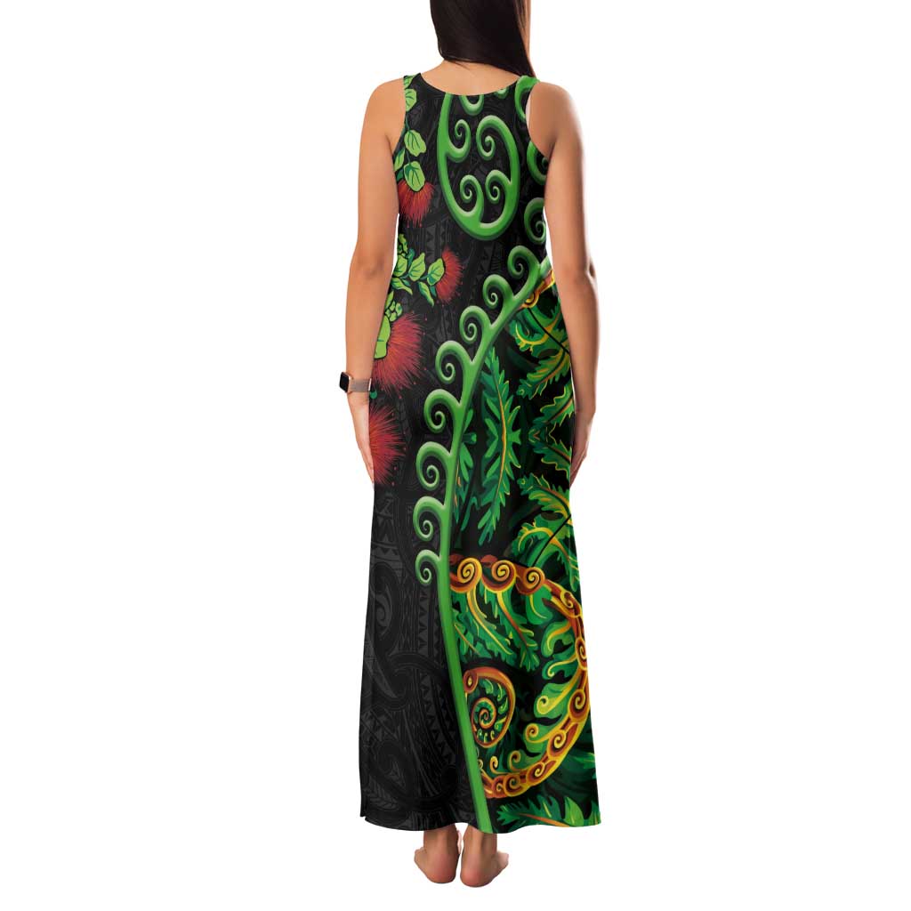New Zealand Koru Plants and Pohutukawa Family Matching Tank Maxi Dress and Hawaiian Shirt Maori Tattoo Pattern LT03 - Polynesian Pride