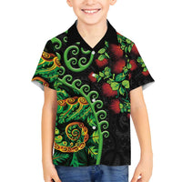 New Zealand Koru Plants and Pohutukawa Family Matching Tank Maxi Dress and Hawaiian Shirt Maori Tattoo Pattern LT03 Son's Shirt Black - Polynesian Pride