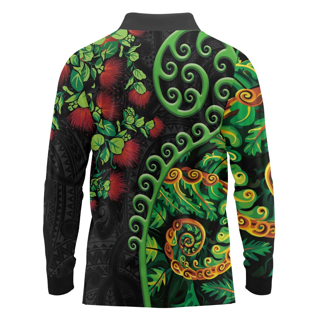 New Zealand Koru Plants and Pohutukawa Long Sleeve Polo Shirt Maori Tattoo Pattern