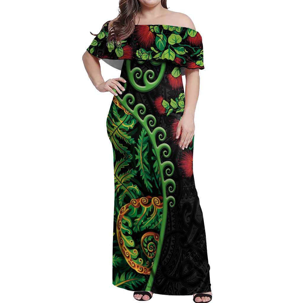 New Zealand Koru Plants and Pohutukawa Off Shoulder Maxi Dress Maori Tattoo Pattern