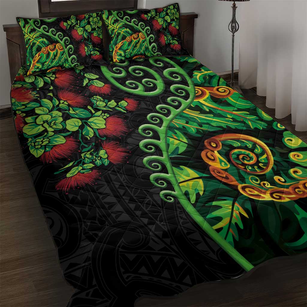 New Zealand Koru Plants and Pohutukawa Quilt Bed Set Maori Tattoo Pattern LT03 Black - Polynesian Pride