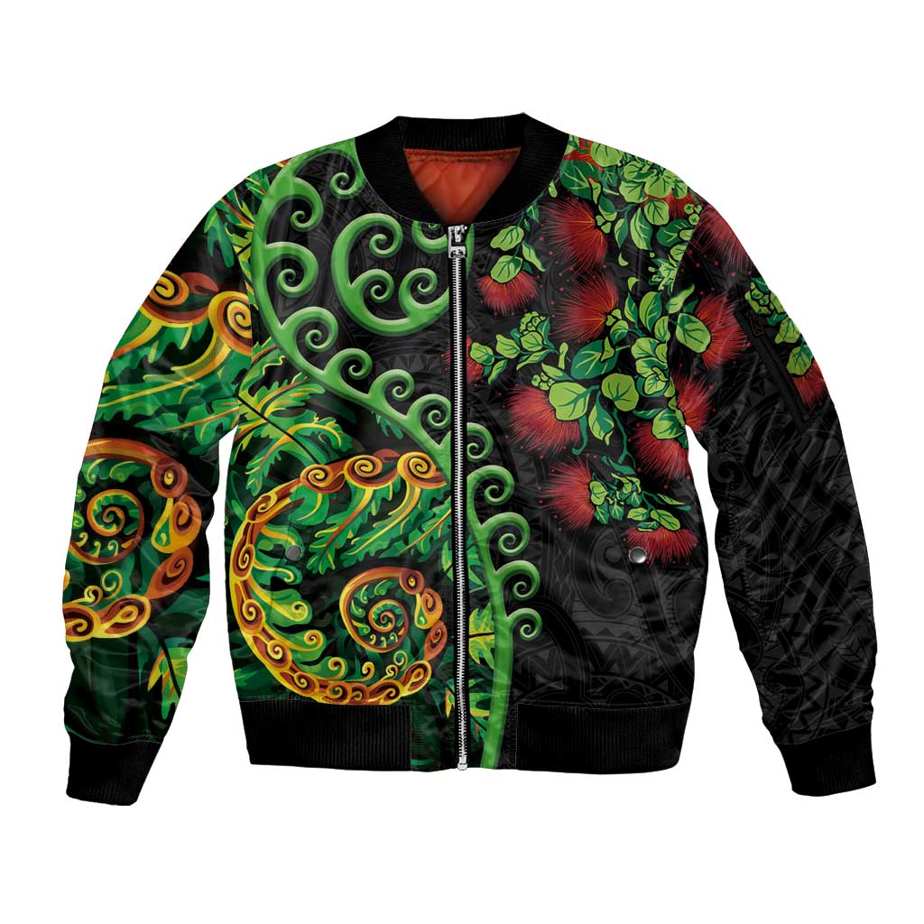 New Zealand Koru Plants and Pohutukawa Sleeve Zip Bomber Jacket Maori Tattoo Pattern LT03 Unisex Black - Polynesian Pride