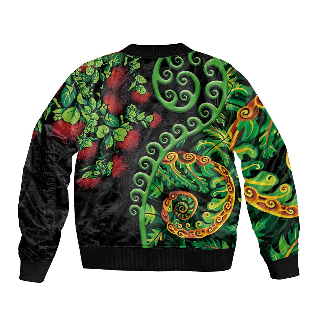 New Zealand Koru Plants and Pohutukawa Sleeve Zip Bomber Jacket Maori Tattoo Pattern LT03 - Polynesian Pride