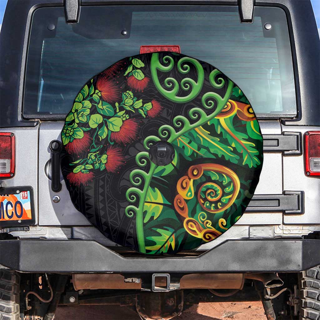 New Zealand Koru Plants and Pohutukawa Spare Tire Cover Maori Tattoo Pattern LT03 Black - Polynesian Pride