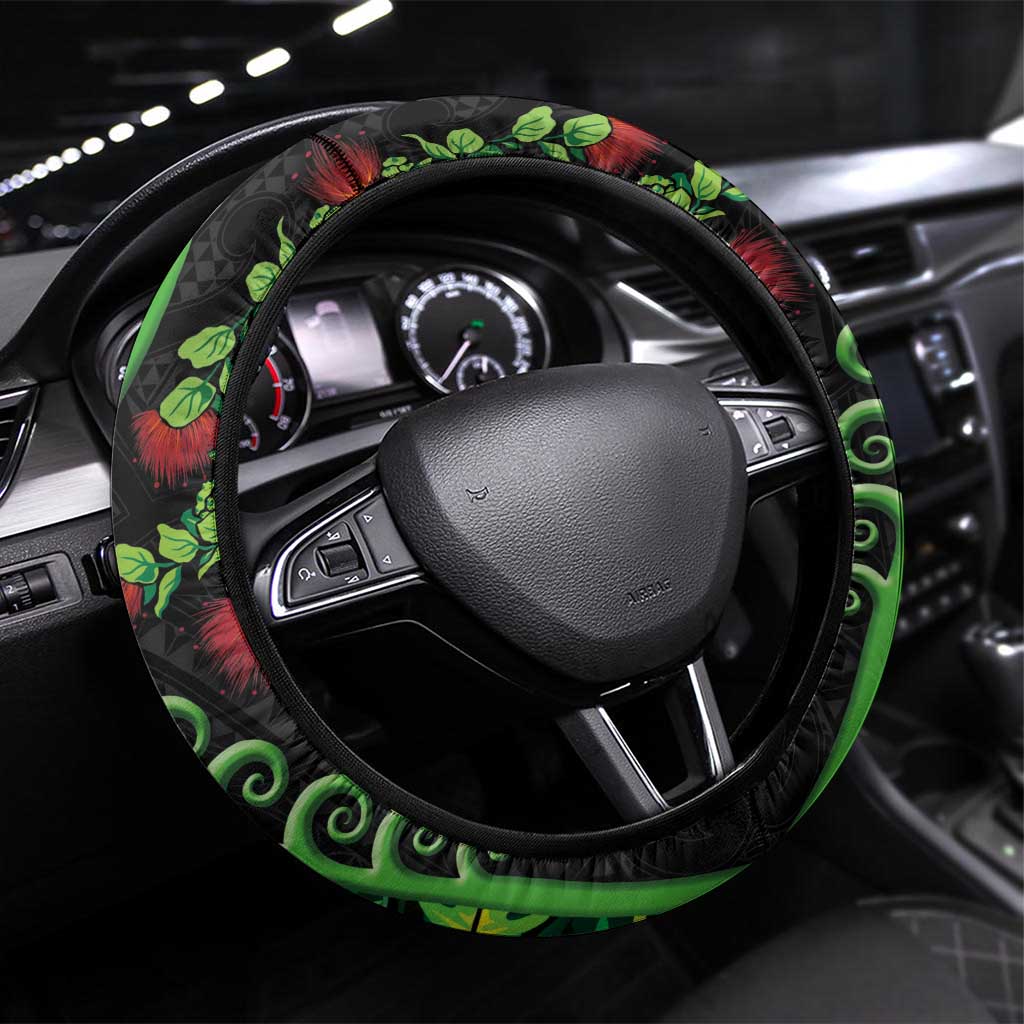 New Zealand Koru Plants and Pohutukawa Steering Wheel Cover Maori Tattoo Pattern LT03 Universal Fit Black - Polynesian Pride