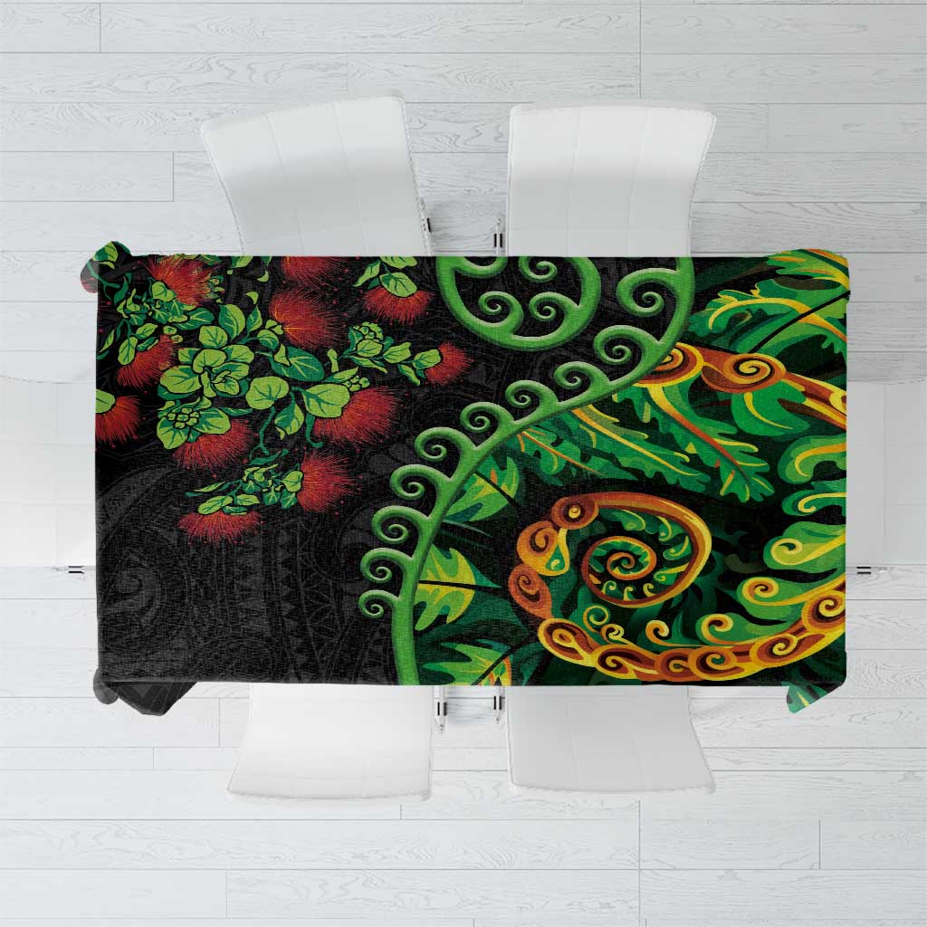 New Zealand Koru Plants and Pohutukawa Tablecloth Maori Tattoo Pattern LT03 Black - Polynesian Pride