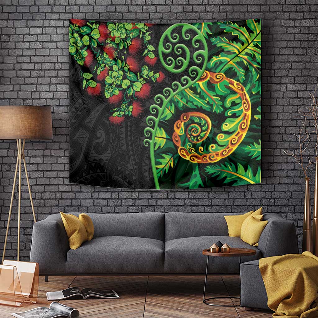 New Zealand Koru Plants and Pohutukawa Tapestry Maori Tattoo Pattern LT03 Black - Polynesian Pride