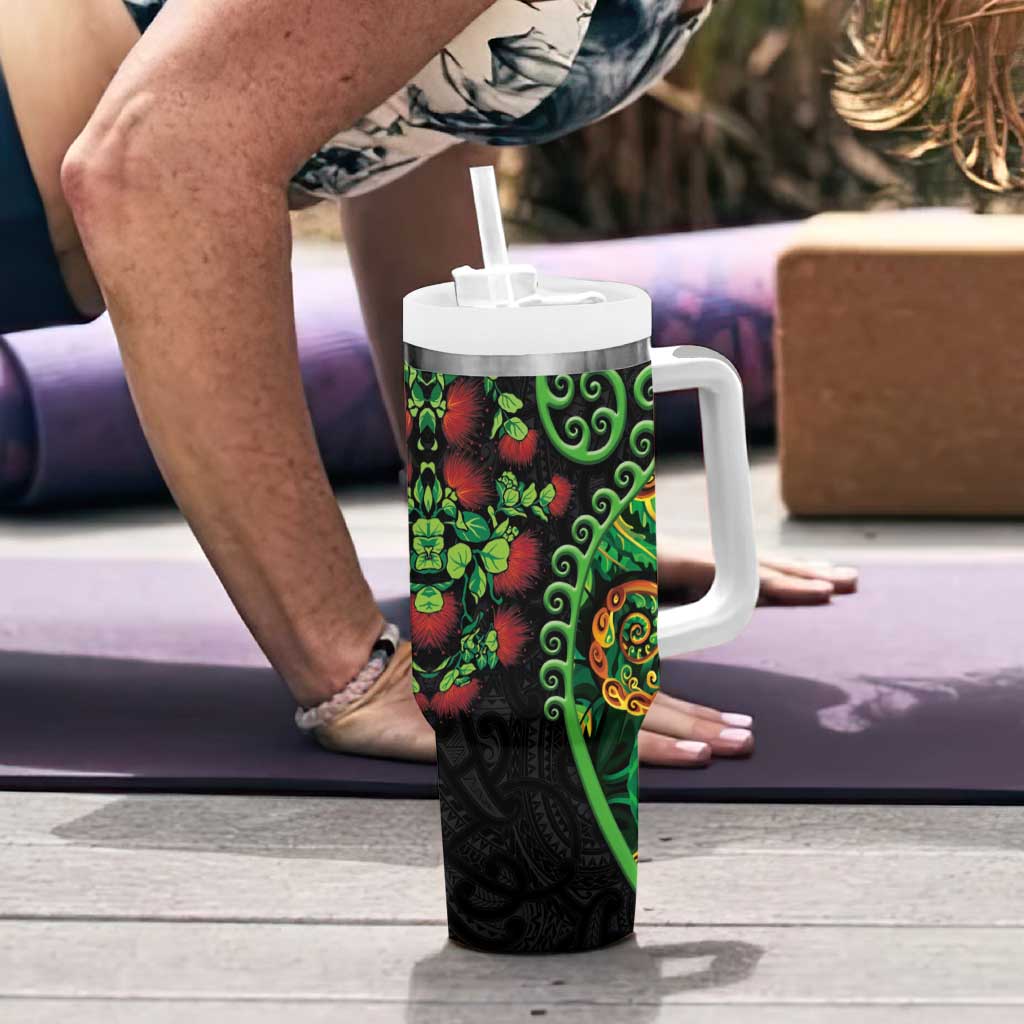 New Zealand Koru Plants and Pohutukawa Tumbler With Handle Maori Tattoo Pattern