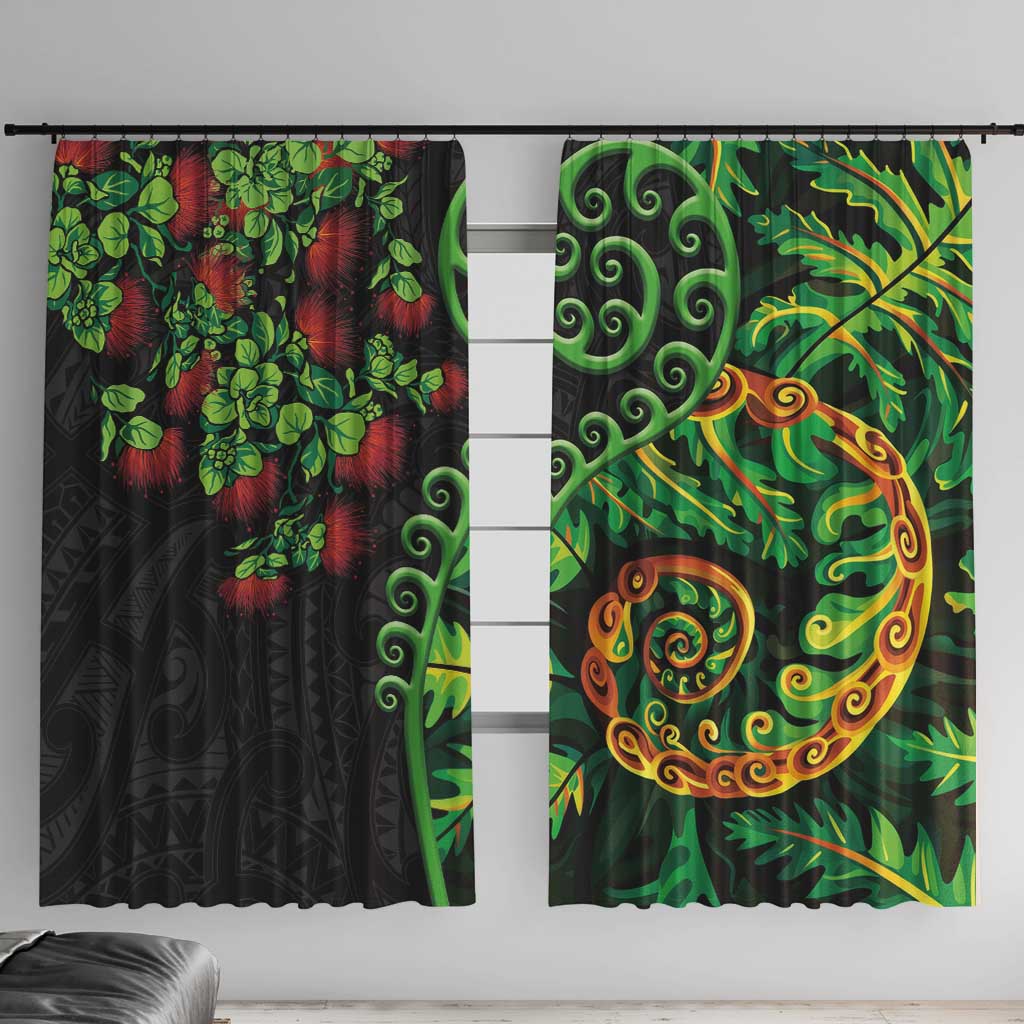 New Zealand Koru Plants and Pohutukawa Window Curtain Maori Tattoo Pattern LT03 With Hooks Black - Polynesian Pride