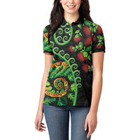 New Zealand Koru Plants and Pohutukawa Women Polo Shirt Maori Tattoo Pattern
