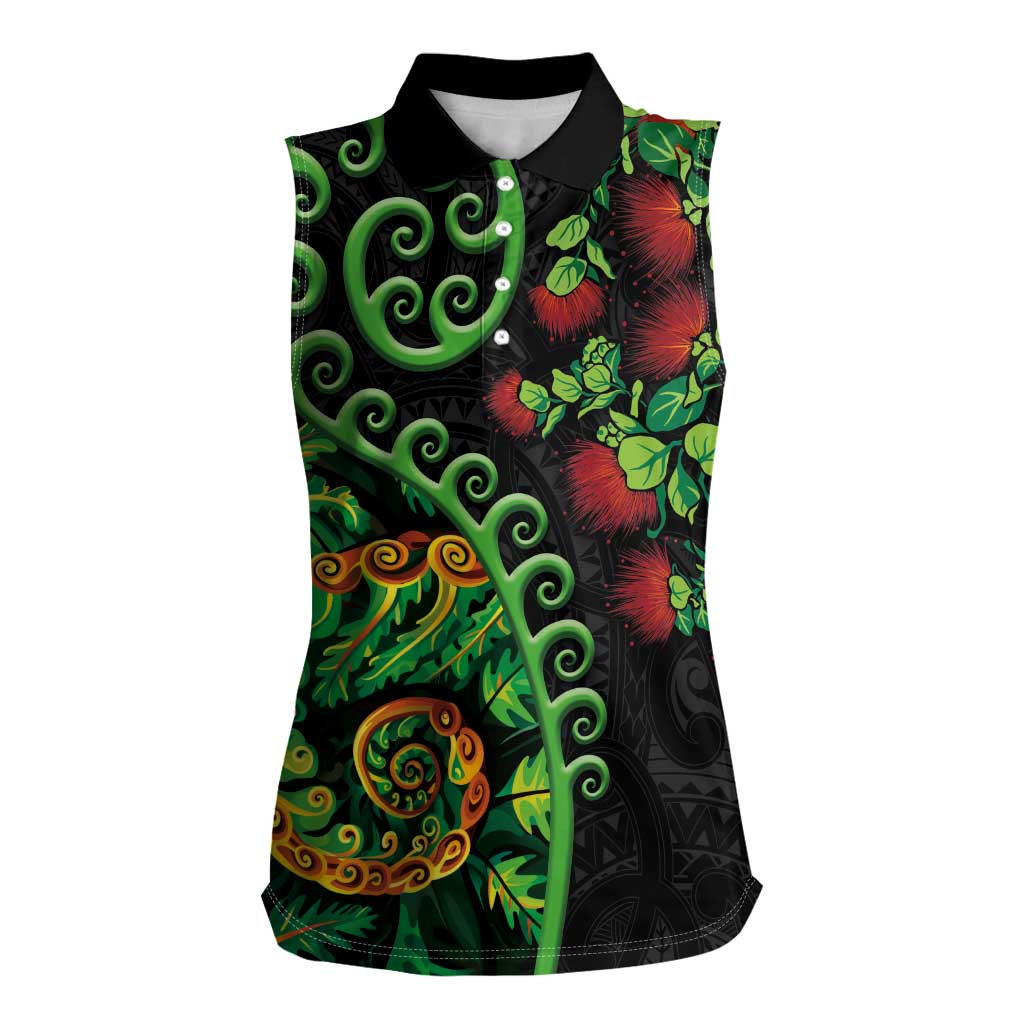 New Zealand Koru Plants and Pohutukawa Women Sleeveless Polo Shirt Maori Tattoo Pattern