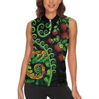 New Zealand Koru Plants and Pohutukawa Women Sleeveless Polo Shirt Maori Tattoo Pattern