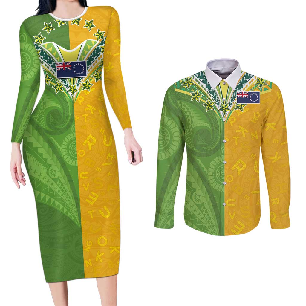 Cook Islands Language Week Couples Matching Long Sleeve Bodycon Dress and Long Sleeve Button Shirt Tatau Pattern and Rarotongan Alphabet - Polynesian Pride