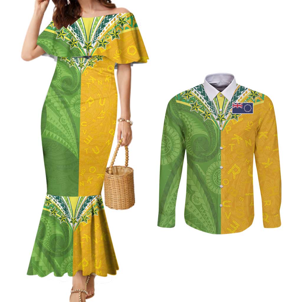 Cook Islands Language Week Couples Matching Mermaid Dress and Long Sleeve Button Shirt Tatau Pattern and Rarotongan Alphabet - Polynesian Pride