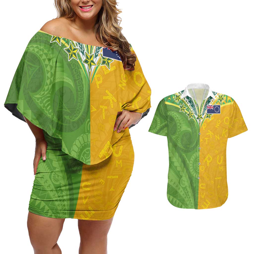 Cook Islands Language Week Couples Matching Off Shoulder Short Dress and Hawaiian Shirt Tatau Pattern and Rarotongan Alphabet - Polynesian Pride