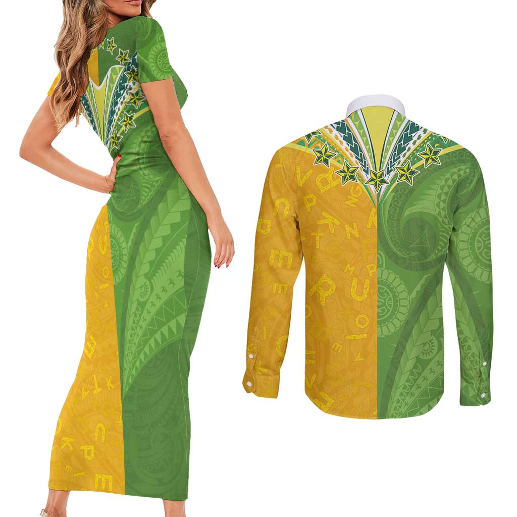 Cook Islands Language Week Couples Matching Short Sleeve Bodycon Dress and Long Sleeve Button Shirt Tatau Pattern and Rarotongan Alphabet - Polynesian Pride