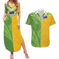 Cook Islands Language Week Couples Matching Summer Maxi Dress and Hawaiian Shirt Tatau Pattern and Rarotongan Alphabet - Polynesian Pride