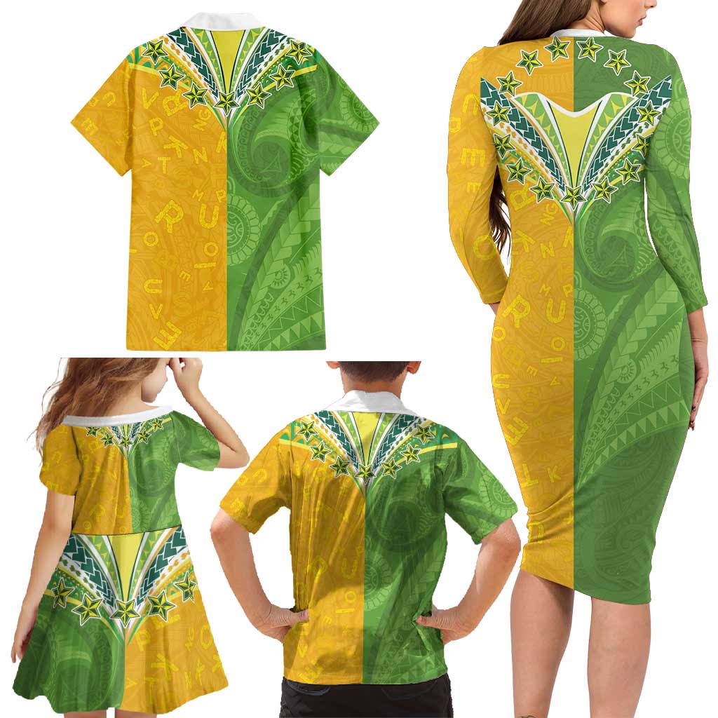 Cook Islands Language Week Family Matching Long Sleeve Bodycon Dress and Hawaiian Shirt Tatau Pattern and Rarotongan Alphabet LT03 - Polynesian Pride