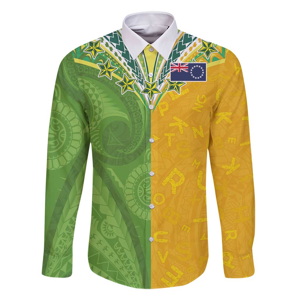 Cook Islands Language Week Family Matching Long Sleeve Bodycon Dress and Hawaiian Shirt Tatau Pattern and Rarotongan Alphabet LT03 Dad's Shirt - Long Sleeve Green - Polynesian Pride