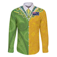 Cook Islands Language Week Family Matching Long Sleeve Bodycon Dress and Hawaiian Shirt Tatau Pattern and Rarotongan Alphabet LT03 Dad's Shirt - Long Sleeve Green - Polynesian Pride