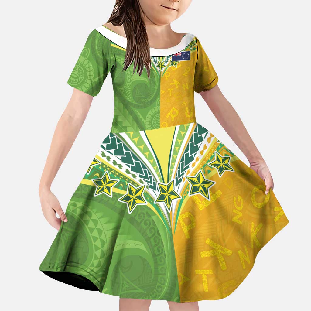 Cook Islands Language Week Family Matching Mermaid Dress and Hawaiian Shirt Tatau Pattern and Rarotongan Alphabet LT03 Daughter's Dress Green - Polynesian Pride