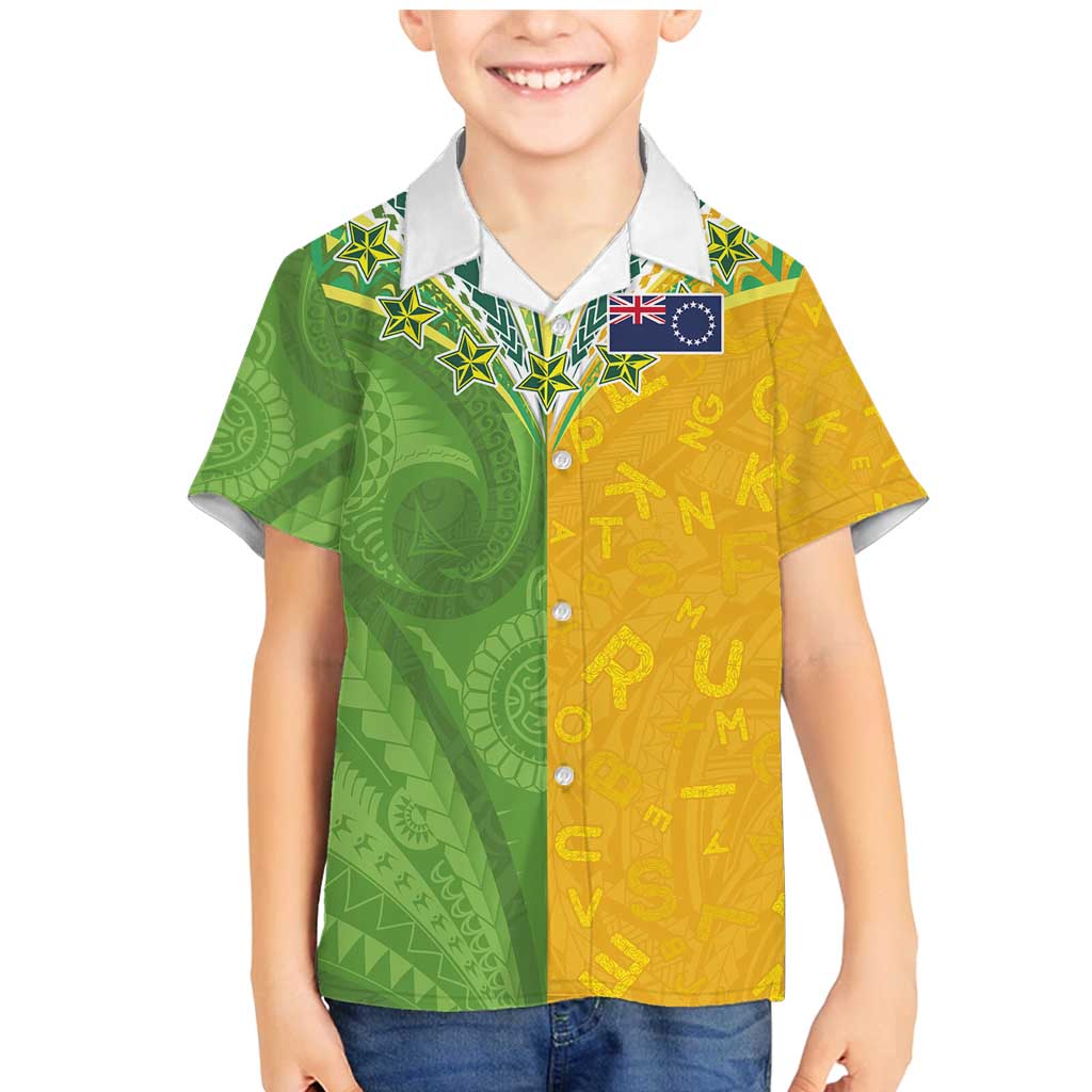 Cook Islands Language Week Family Matching Mermaid Dress and Hawaiian Shirt Tatau Pattern and Rarotongan Alphabet LT03 Son's Shirt Green - Polynesian Pride