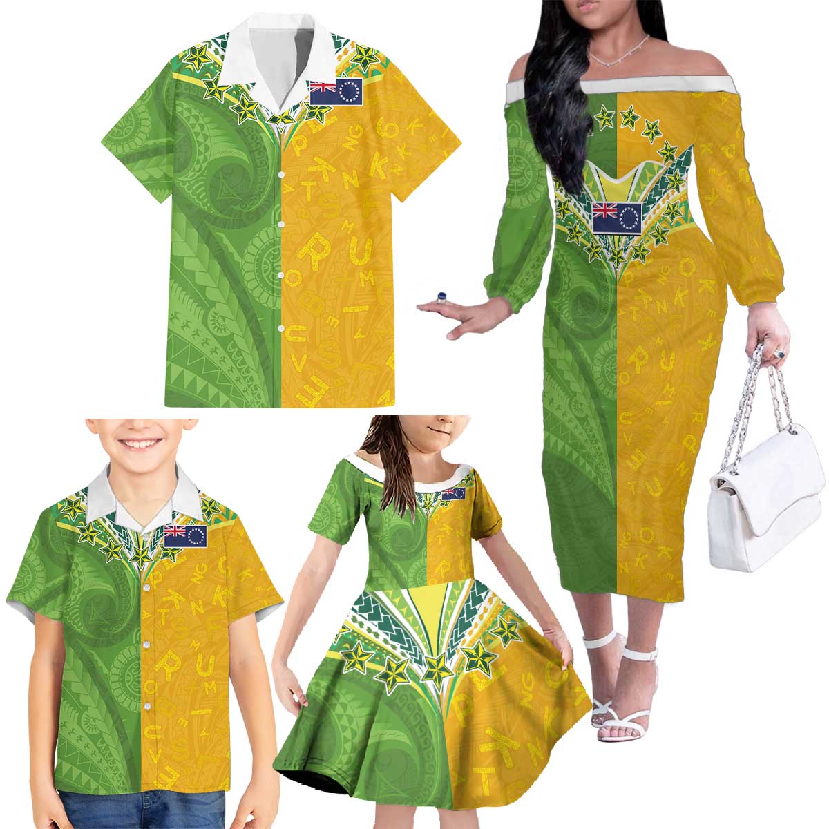 Cook Islands Language Week Family Matching Off The Shoulder Long Sleeve Dress and Hawaiian Shirt Tatau Pattern and Rarotongan Alphabet - Polynesian Pride