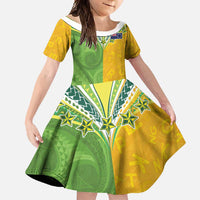 Cook Islands Language Week Family Matching Off Shoulder Maxi Dress and Hawaiian Shirt Tatau Pattern and Rarotongan Alphabet LT03 Daughter's Dress Green - Polynesian Pride
