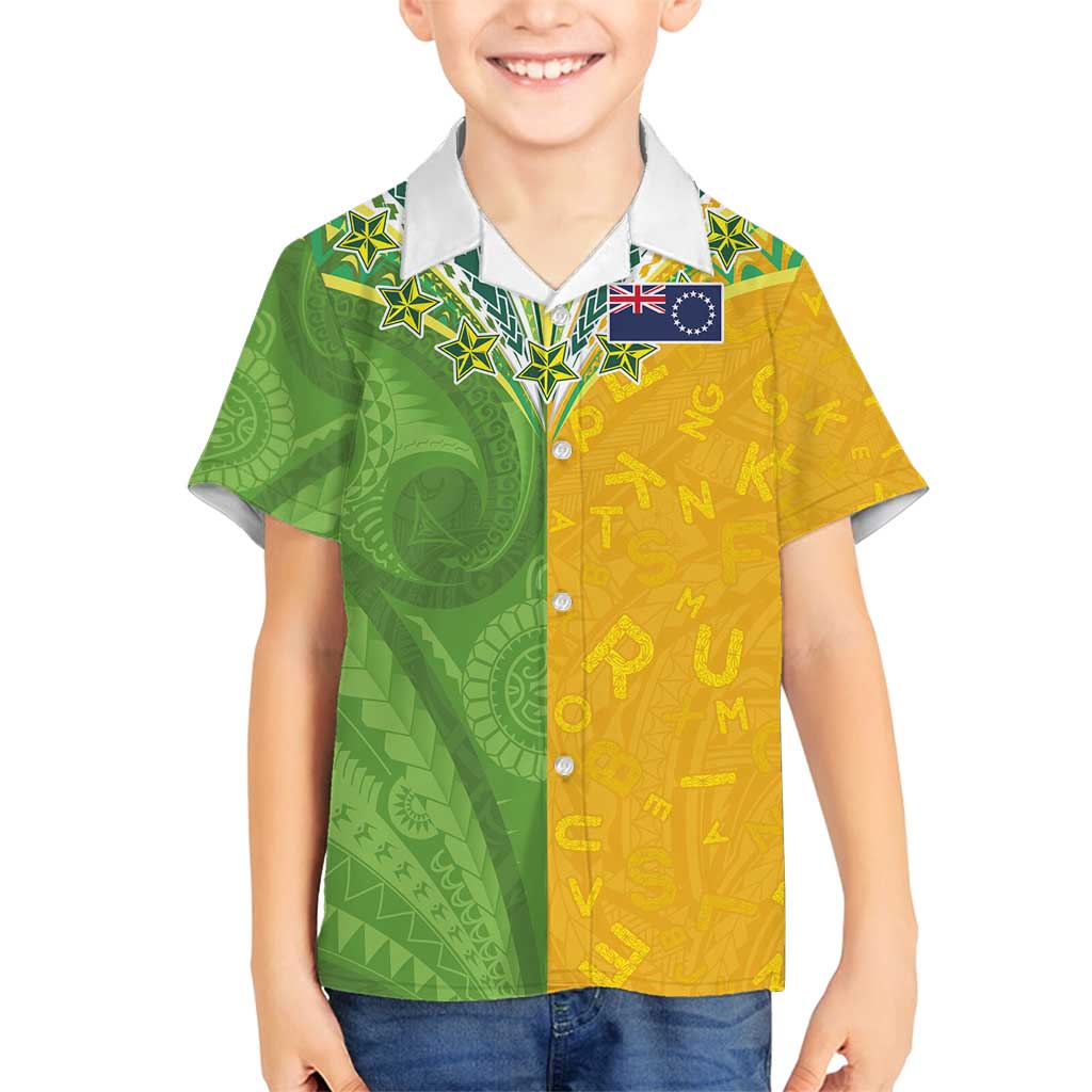Cook Islands Language Week Family Matching Off Shoulder Maxi Dress and Hawaiian Shirt Tatau Pattern and Rarotongan Alphabet LT03 Son's Shirt Green - Polynesian Pride