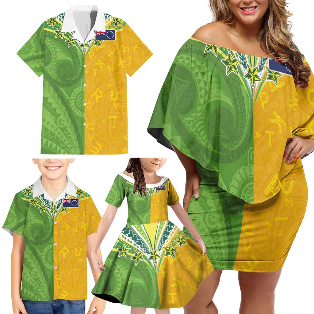 Cook Islands Language Week Family Matching Off Shoulder Short Dress and Hawaiian Shirt Tatau Pattern and Rarotongan Alphabet LT03 - Polynesian Pride