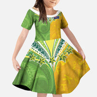 Cook Islands Language Week Family Matching Short Sleeve Bodycon Dress and Hawaiian Shirt Tatau Pattern and Rarotongan Alphabet LT03 Daughter's Dress Green - Polynesian Pride