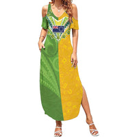 Cook Islands Language Week Family Matching Summer Maxi Dress and Hawaiian Shirt Tatau Pattern and Rarotongan Alphabet LT03 Mom's Dress Green - Polynesian Pride