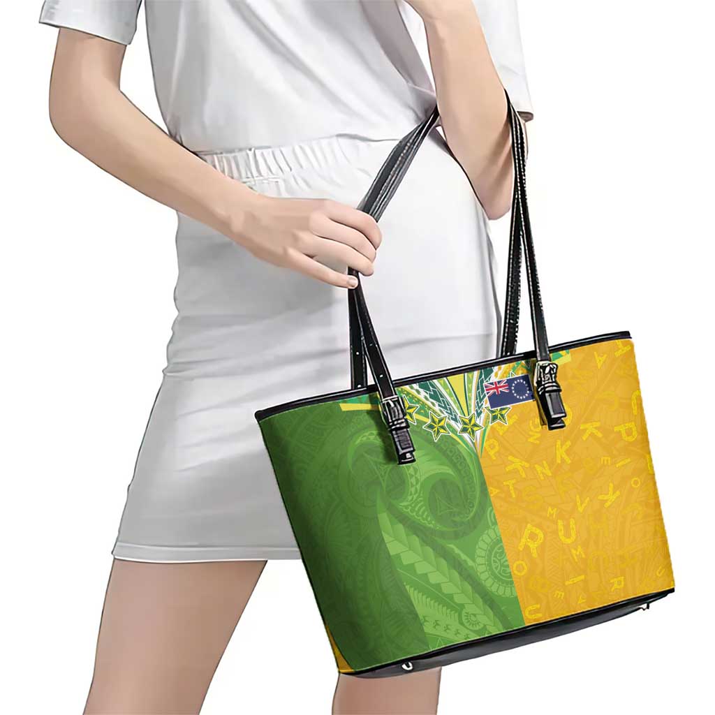 Cook Islands Language Week Leather Tote Bag Tatau Pattern and Rarotongan Alphabet - Polynesian Pride