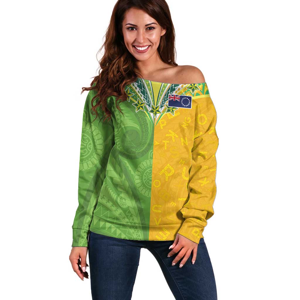 Cook Islands Language Week Off Shoulder Sweater Tatau Pattern and Rarotongan Alphabet - Polynesian Pride