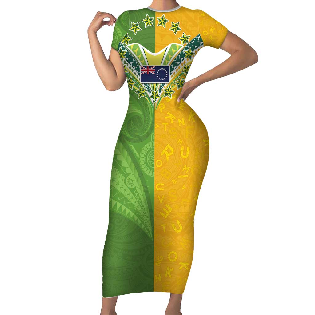 Cook Islands Language Week Short Sleeve Bodycon Dress Tatau Pattern and Rarotongan Alphabet - Polynesian Pride