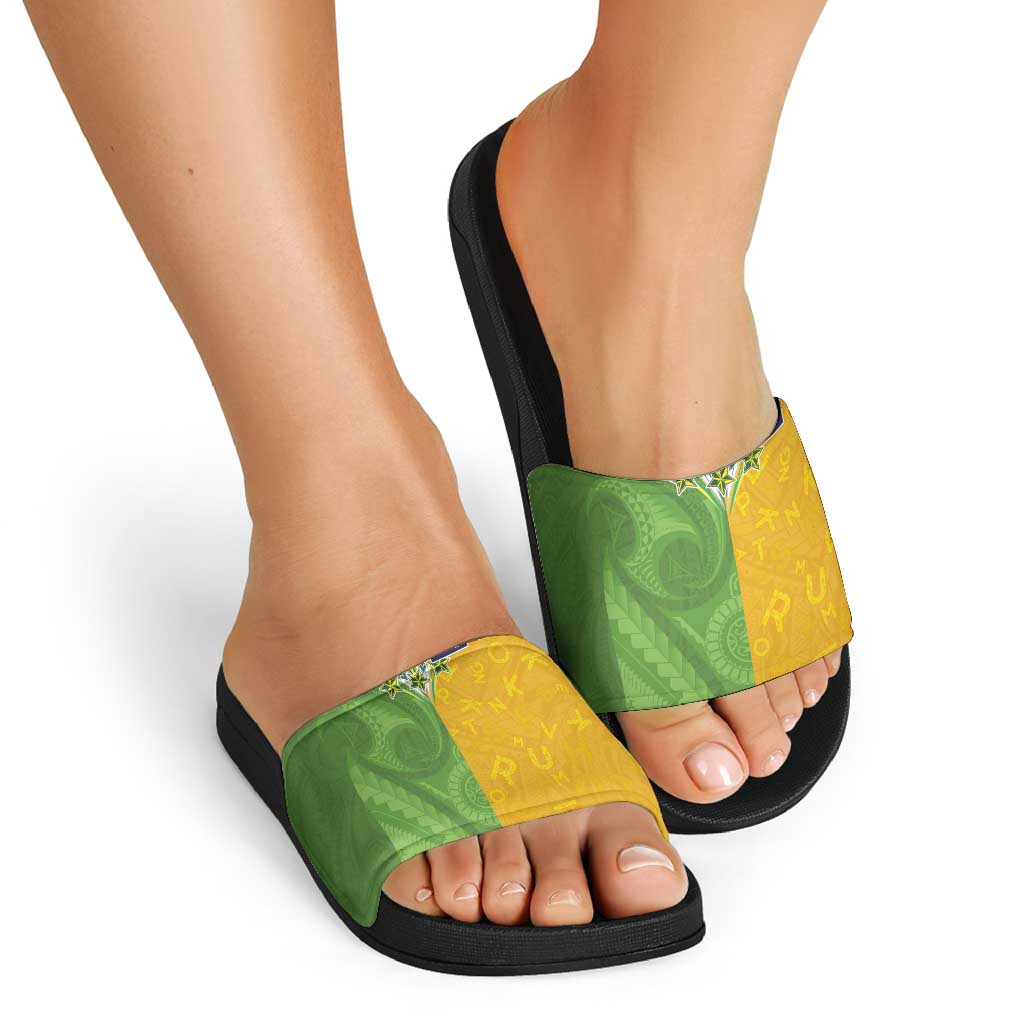 Cook Islands Language Week Slide Sandals Tatau Pattern and Rarotongan Alphabet - Polynesian Pride