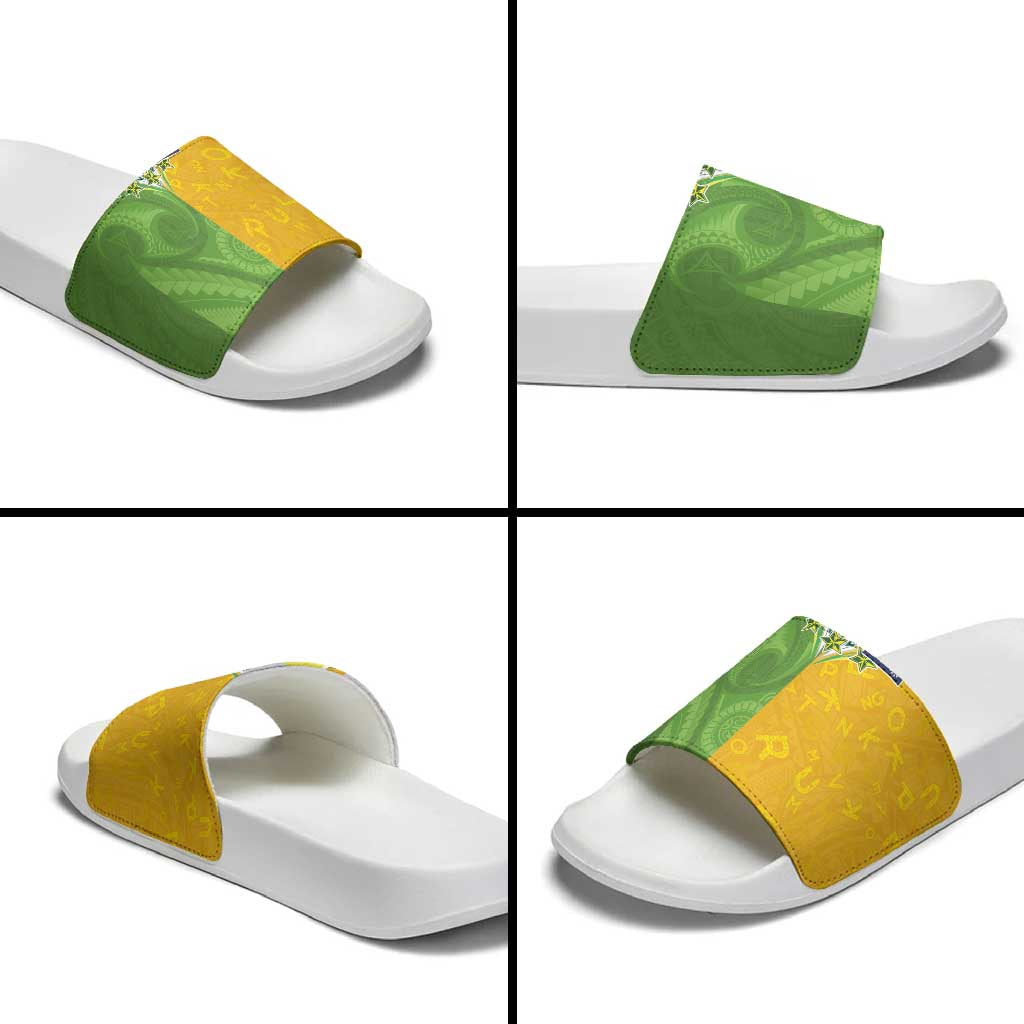 Cook Islands Language Week Slide Sandals Tatau Pattern and Rarotongan Alphabet - Polynesian Pride