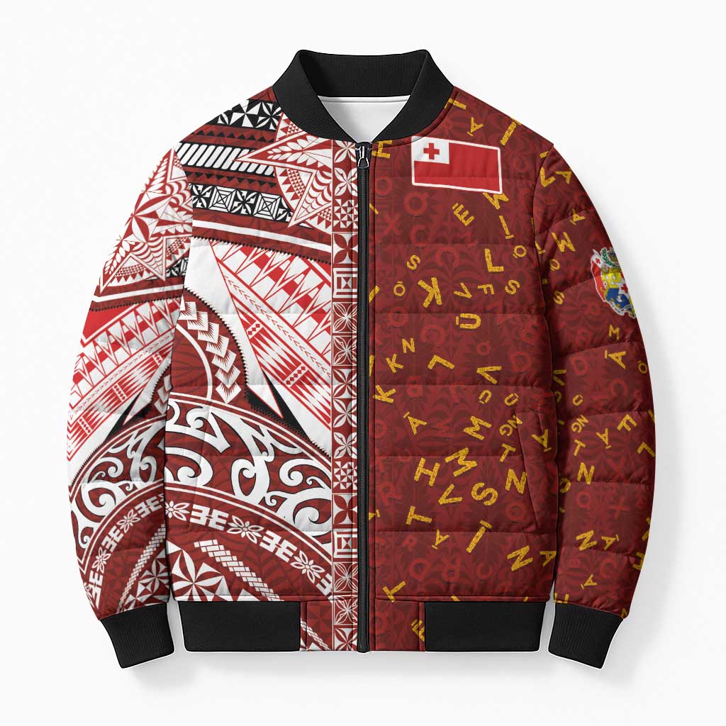 Tonga Language Week Bomber Puffer Jacket Ngatu Pattern and Tongan Alphabet - Polynesian Pride
