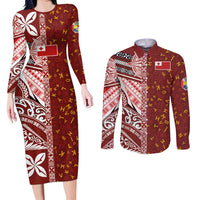 Tonga Language Week Couples Matching Long Sleeve Bodycon Dress and Long Sleeve Button Shirt Ngatu Pattern and Tongan Alphabet - Polynesian Pride