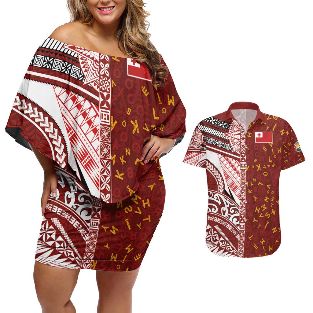 Tonga Language Week Couples Matching Off Shoulder Short Dress and Hawaiian Shirt Ngatu Pattern and Tongan Alphabet - Polynesian Pride