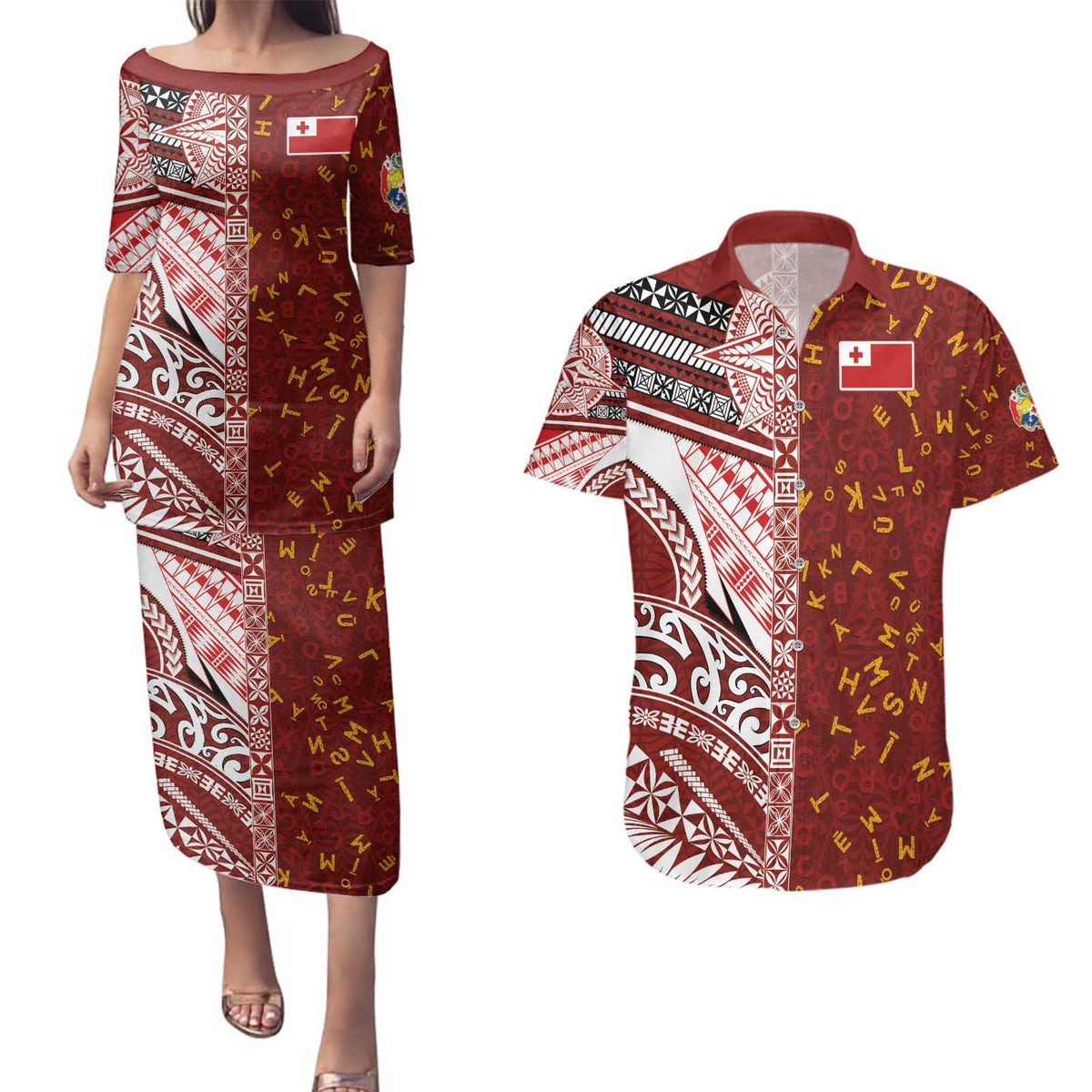 Tonga Language Week Couples Matching Puletasi and Hawaiian Shirt Ngatu Pattern and Tongan Alphabet - Polynesian Pride