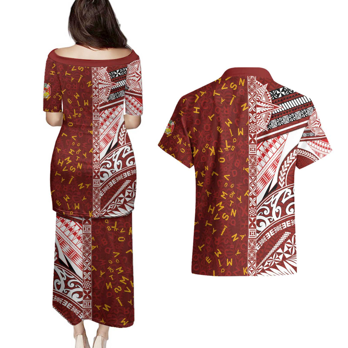 Tonga Language Week Couples Matching Puletasi and Hawaiian Shirt Ngatu Pattern and Tongan Alphabet - Polynesian Pride