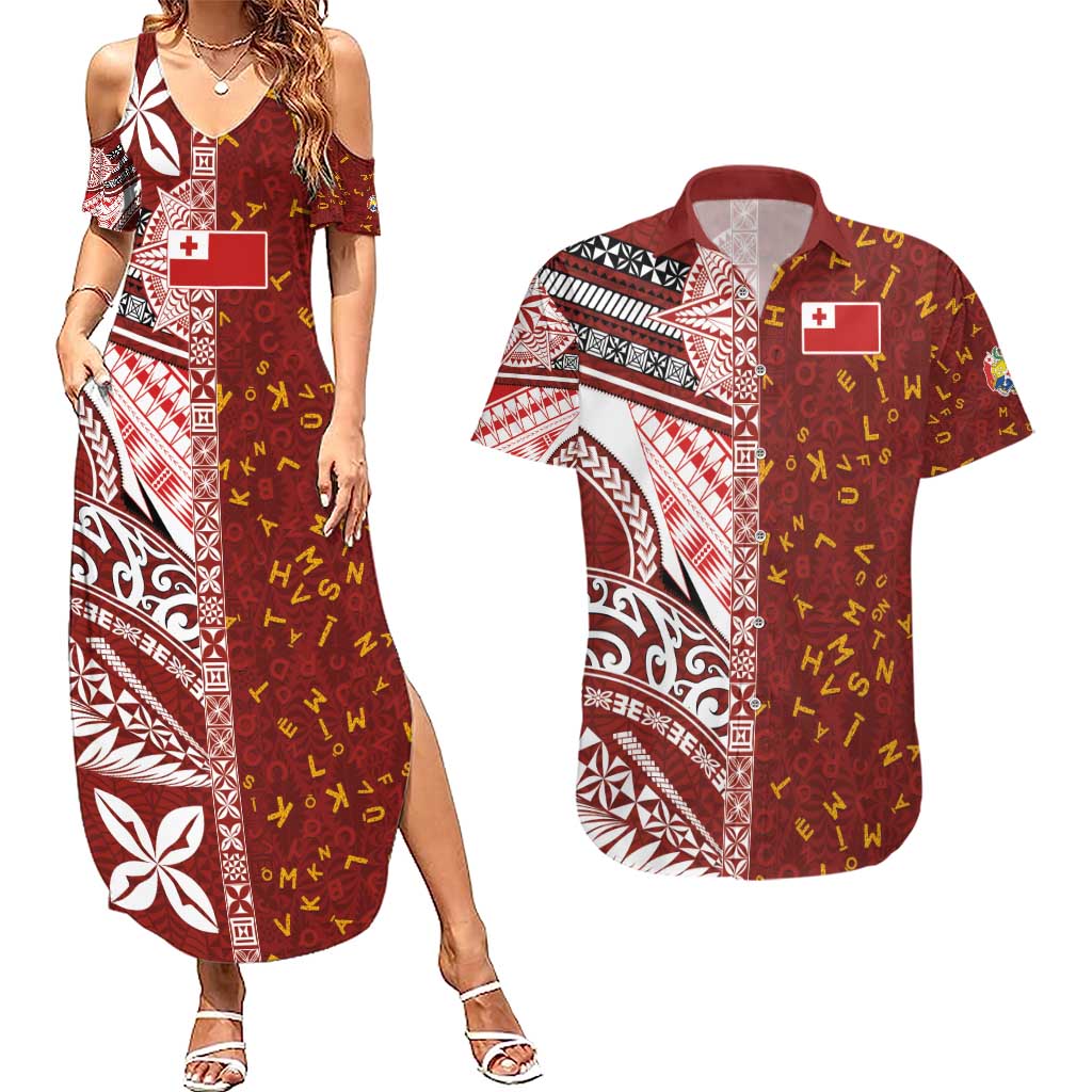Tonga Language Week Couples Matching Summer Maxi Dress and Hawaiian Shirt Ngatu Pattern and Tongan Alphabet - Polynesian Pride