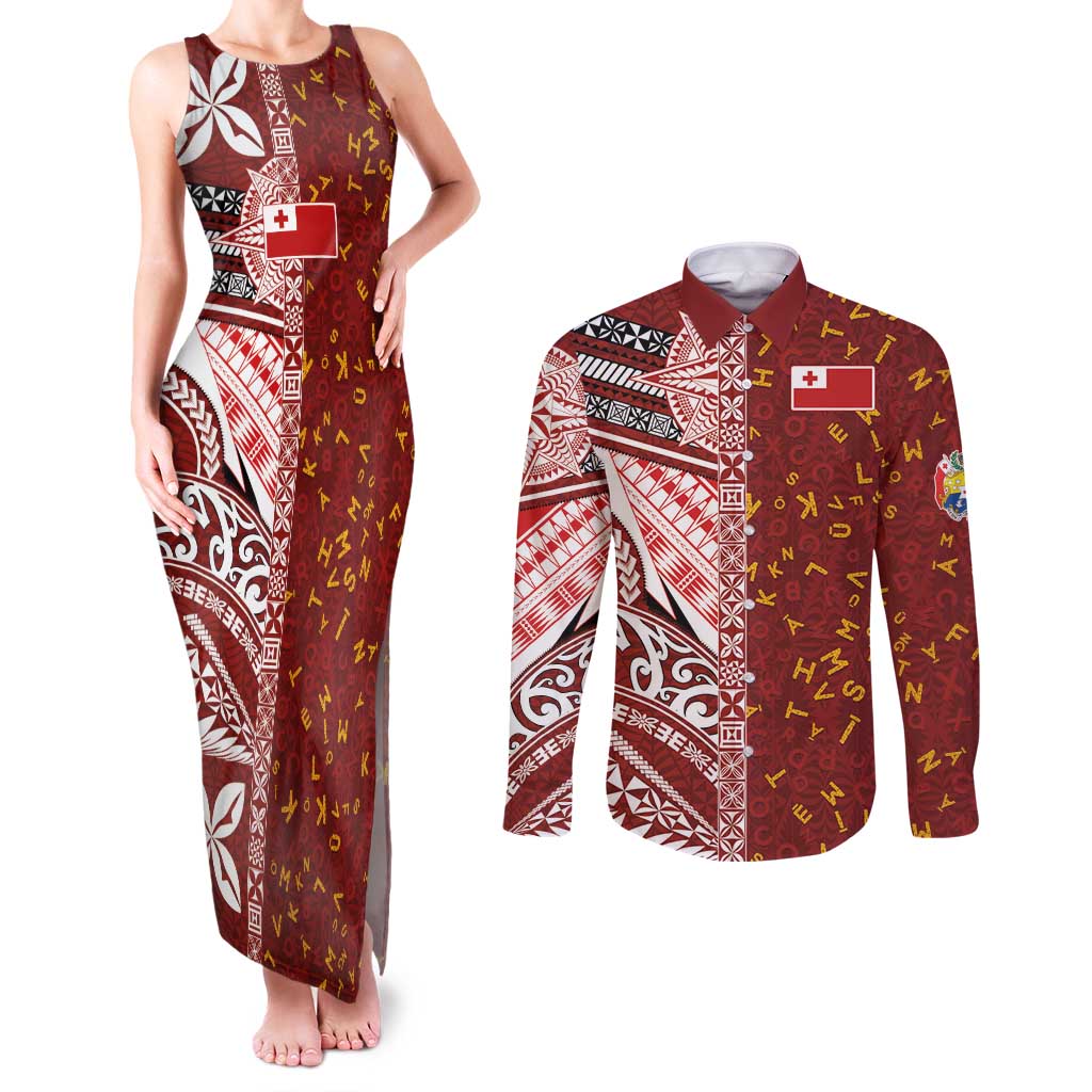 Tonga Language Week Couples Matching Tank Maxi Dress and Long Sleeve Button Shirt Ngatu Pattern and Tongan Alphabet - Polynesian Pride