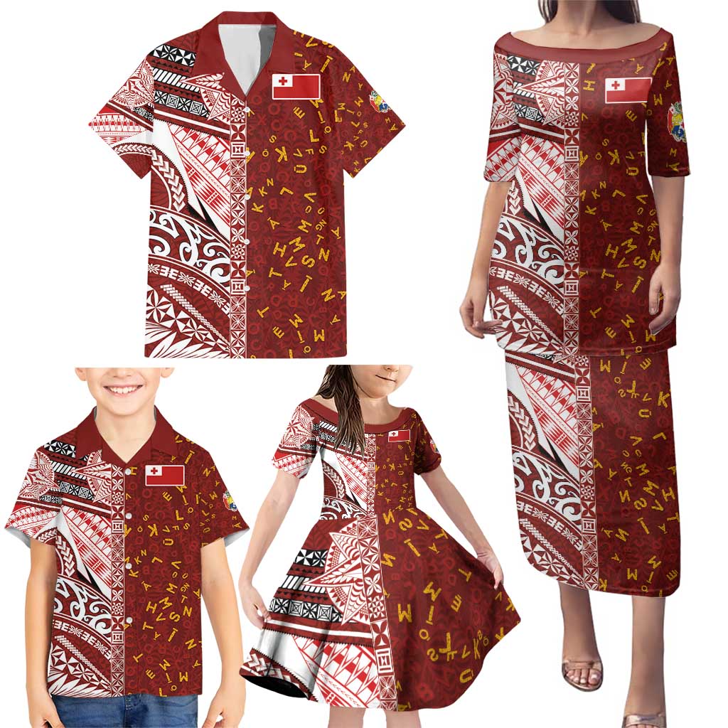 Tonga Language Week Family Matching Puletasi and Hawaiian Shirt Ngatu Pattern and Tongan Alphabet - Polynesian Pride