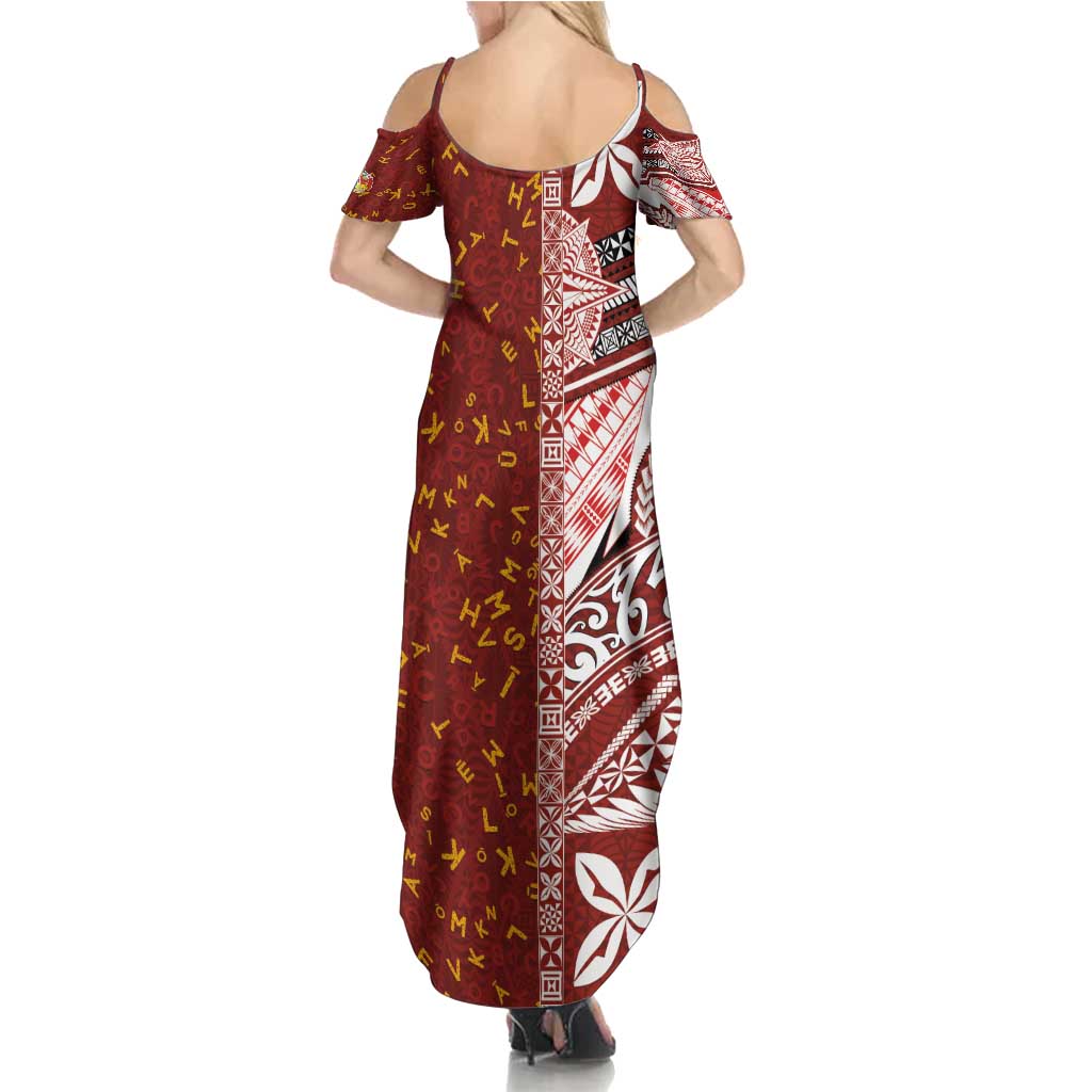 Tonga Language Week Family Matching Summer Maxi Dress and Hawaiian Shirt Ngatu Pattern and Tongan Alphabet - Polynesian Pride