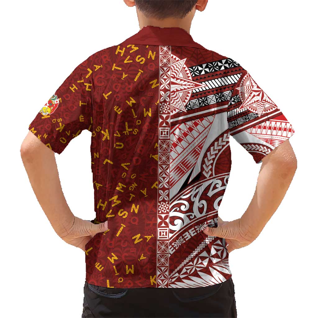 Tonga Language Week Kid Hawaiian Shirt Ngatu Pattern and Tongan Alphabet - Polynesian Pride
