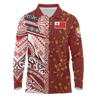 Tonga Language Week Long Sleeve Polo Shirt Ngatu Pattern and Tongan Alphabet - Polynesian Pride